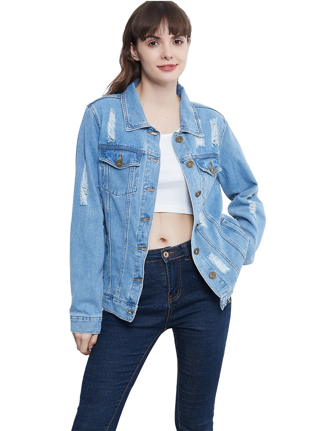 Long Sleeve Denim Jacket Ripped Jean Jacket Lightweight Stone Wash ...