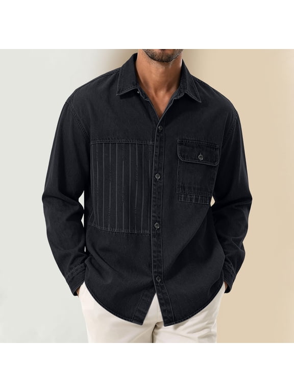 Long Sleeve Denim Shirt Men Oversized Boxy Fit Vintage Washed Cotton Drop Shoulder Button Down Jean Overshirt with Chest Pocket Black