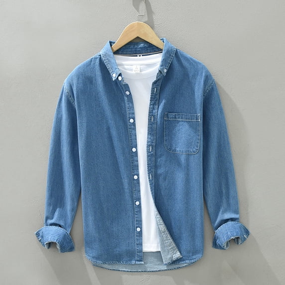 Long Sleeve Denim Shirt for Men Pure Cotton Casual Cowboy Tops Clothing Male New Fashion Stripes Button Up Shirt