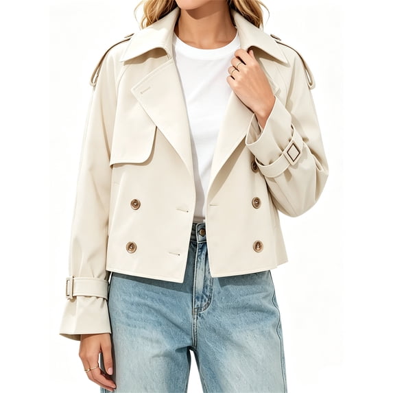 Long Sleeve Double Breasted Women Casual Trench Coat Crop Jacket