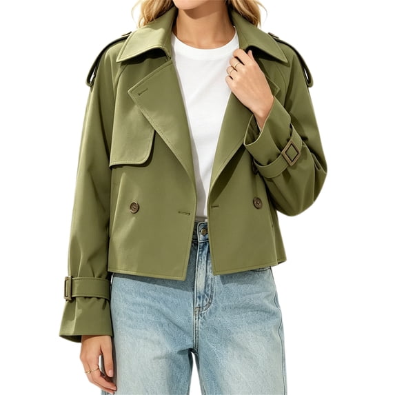 Long Sleeve Double Breasted Women Casual Trench Coat Crop Jacket