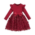 thumbnail image 1 of Long Sleeve Dress For Girls Crew Neck Ruffled Patchwork Midi Dress Casual Comfy Fall Winter Outfits With Belt (9 Years, Red), 1 of 5