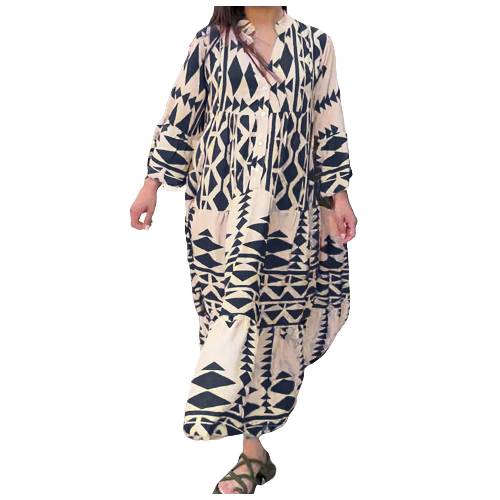Long Sleeve Dress For Womens Pleated V Neck Plus Size Tiered Maxi Dress Casual Boho Loose Flowy Beach Maxi Dress Womens Rayon Dresses Walmart