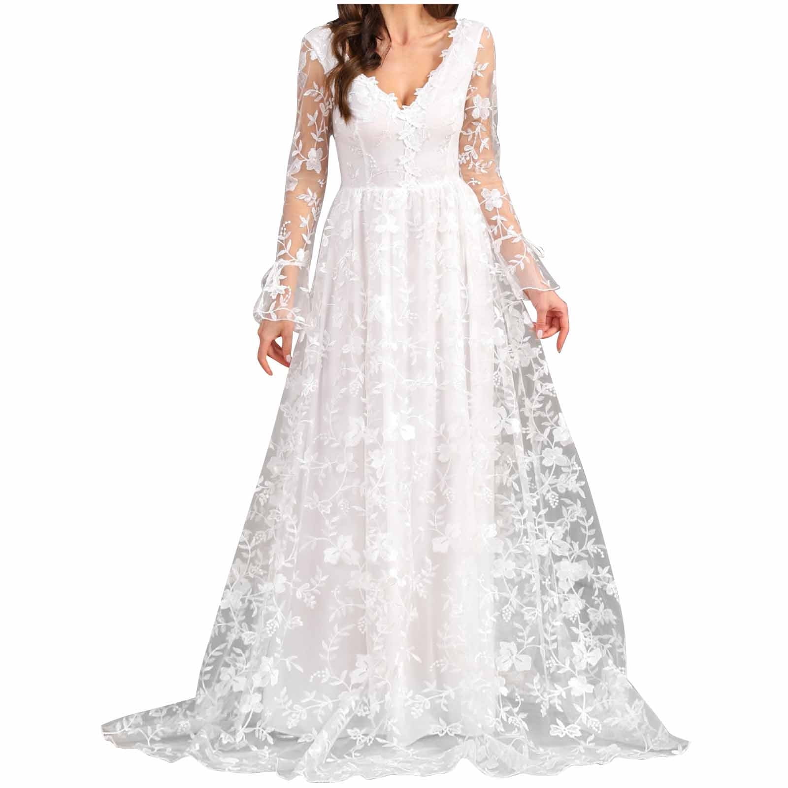 Women V neck Long Sleeve Sexy Backless White Large Swing Wedding Bridal Gown Dress 2XL / White