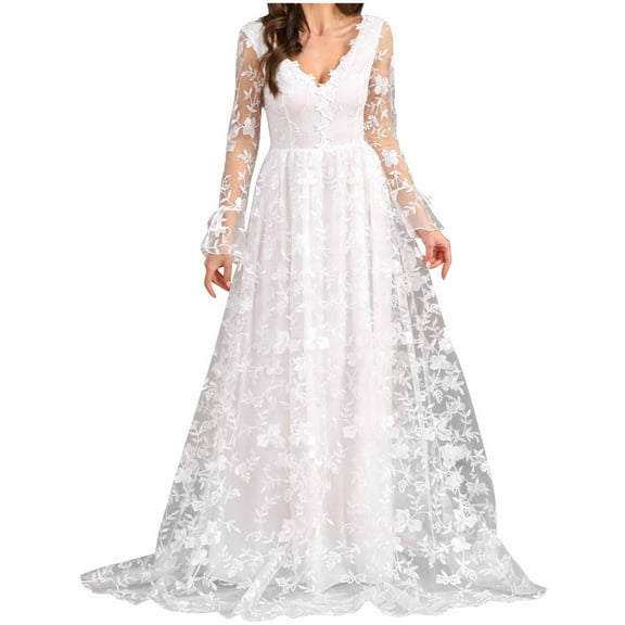 Long Sleeve Dress Long Sleeves Wedding Dresses for Bride Womens White Elegant Mesh Wedding Dress Lace Bridal Gowns Lace Maxi Dress Tshirt Dress S-56 White XXL