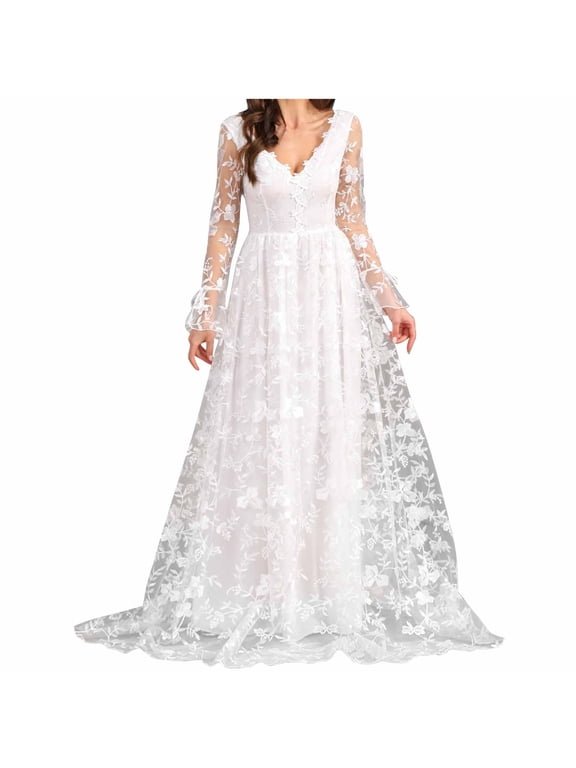 Long Sleeve Dress Long Sleeves Wedding Dresses for Bride Womens White Elegant Mesh Wedding Dress Lace Bridal Gowns Lace Maxi Dress Tshirt Dress S-56 White XXL