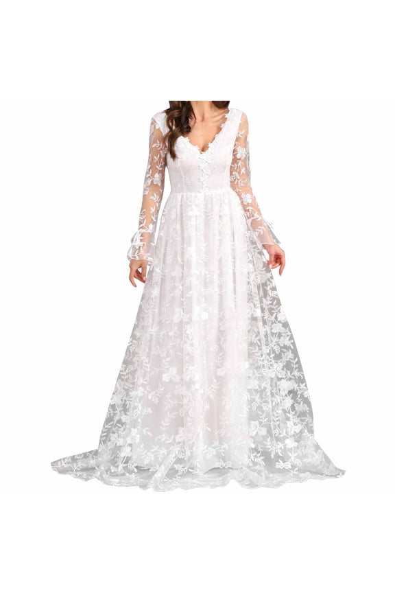 Long Sleeve Dress Long Sleeves Wedding Dresses for Bride Womens White Elegant Mesh Wedding Dress Lace Bridal Gowns Lace Maxi Dress Work Dress S-56
