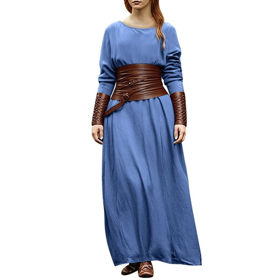 Long Sleeve Dress Sevevn Women's Solid Color Middle Ages Round Neck Long Sleeve Dresses