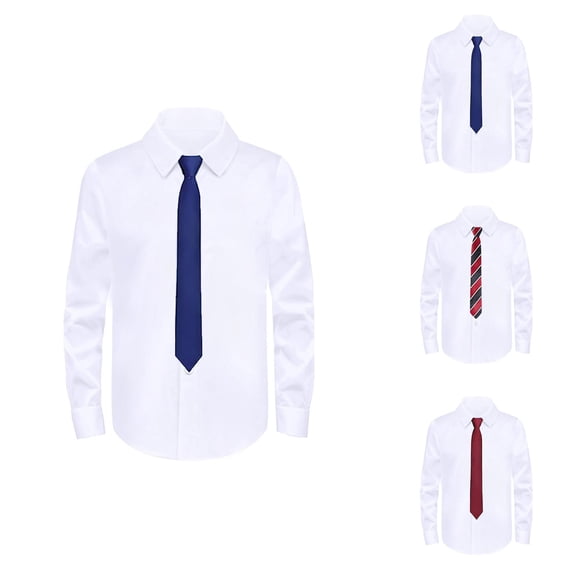 Long Sleeve Dress Shirt for Boys, Classic White Formal School Button Down Top with Tie, 2 Fabrics Stretch Standard and 2 Fits Regular Husky