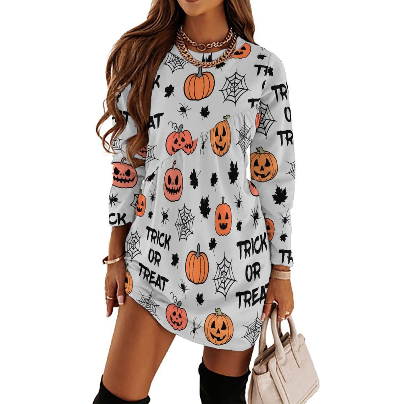 Long Sleeve Dress for Women - Pumpkin Halloween Cartoon Crew Neck Oversized Casual Sweatshirt ...