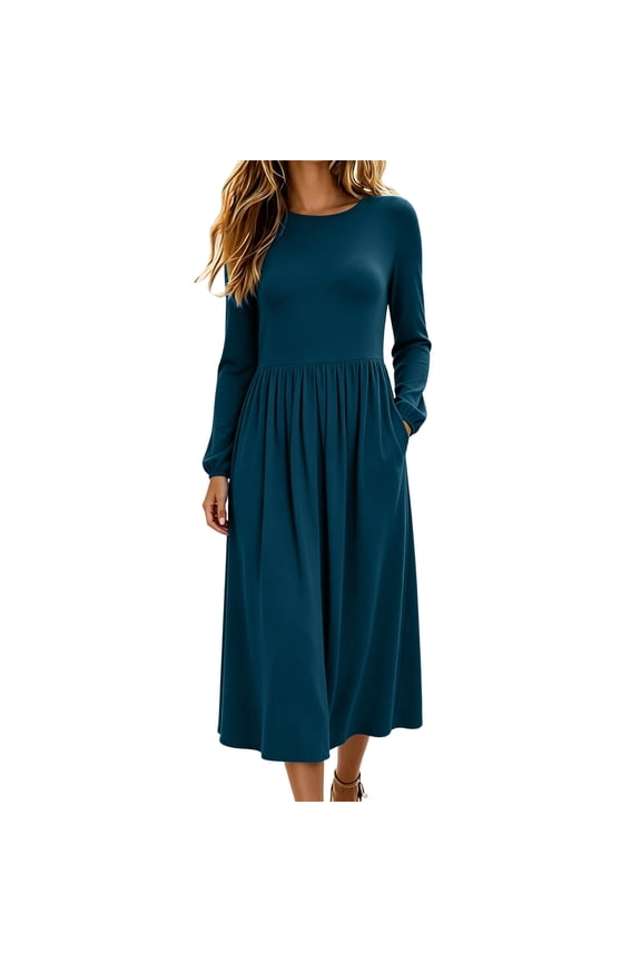 Long Sleeve Dress for Women All Seasons.Womens Midi Dresses Casual with Pockets Dresses for Party Date
