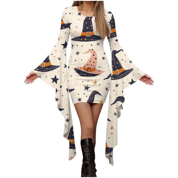 Long Sleeve Dress for Women Casual Printed Round Neck Pullover Fashion Patchwork Halloween Party Gown