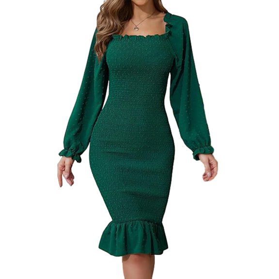 Long Sleeve Dress for Women, Casual Slim Fit Square Neck Dress Geen S