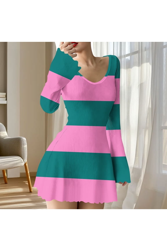 Long Sleeve Dress for Women Christmas New Women's Fashion Casual V-Neck Pleated Christmas Printed Long Sleeved Elasticity Dress Style B-5 Pinks S