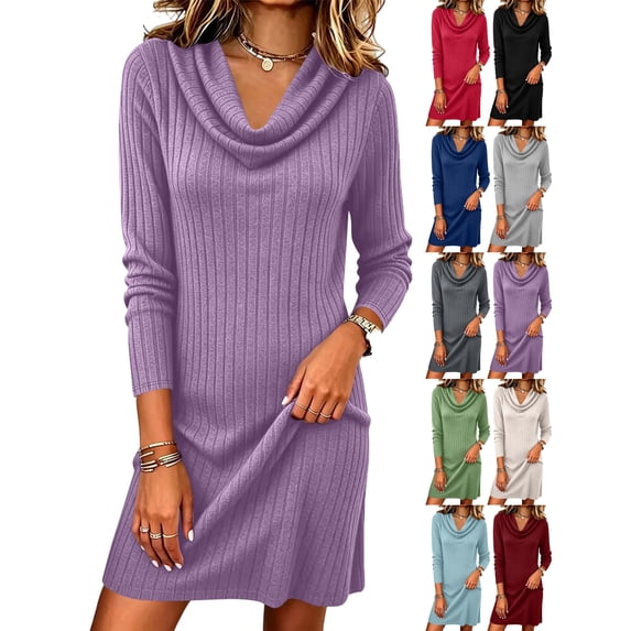 Long Sleeve Dress for Women Cowl Neck Knit Dress - Fall & Winter Slim Fit A-Line Midi Dress,Multiple Colors