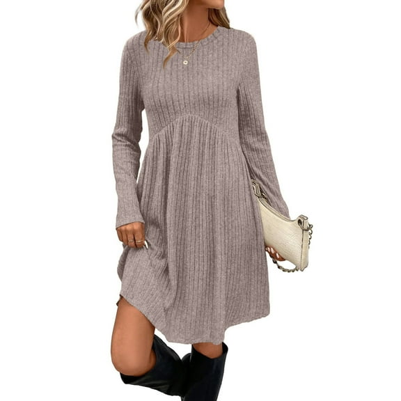Long Sleeve Dress for Women Crew Neck Empire Waist Tunic Dress with Pockets