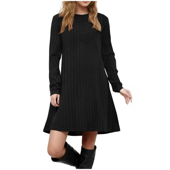 Long Sleeve Dress for Women Crew Neck Empire Waist Tunic Dress with Pockets