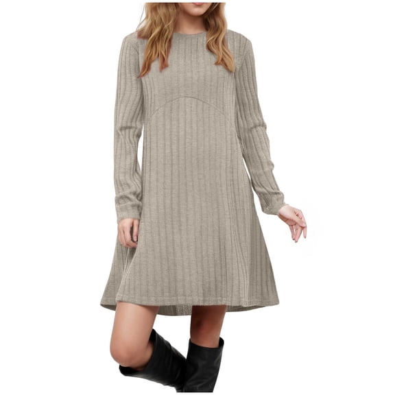 Long Sleeve Dress for Women Crew Neck Empire Waist Tunic Dress with Pockets