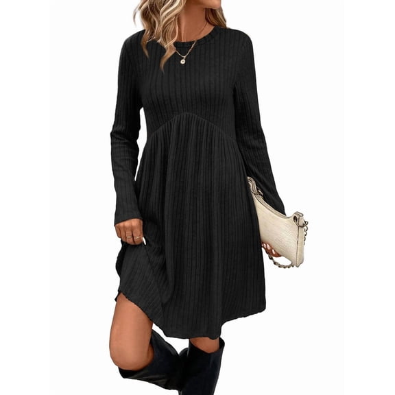 Long Sleeve Dress for Women Crew Neck Waist Tunic Dress with Pockets Black XXL