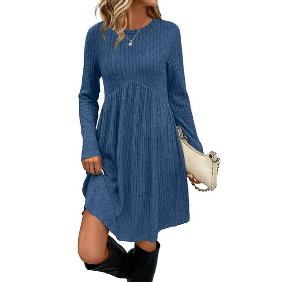 Long Sleeve Dress for Women Crew Neck Waist Tunic Dress with Pockets Blue L