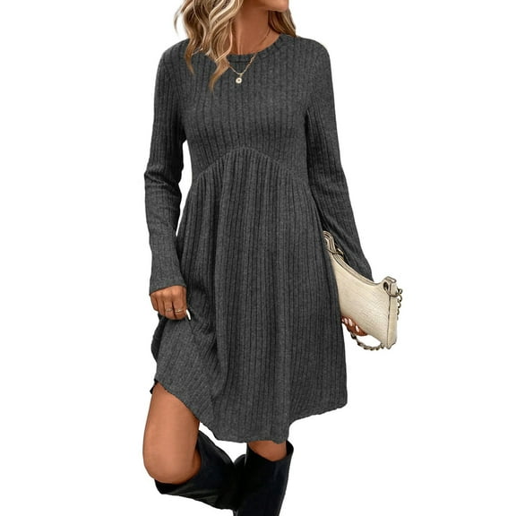 Long Sleeve Dress for Women Crew Neck Waist Tunic Dress with Pockets Grey L
