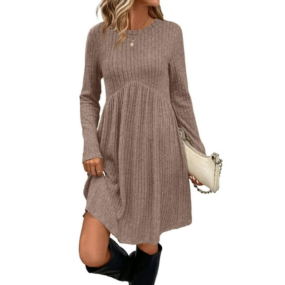 Long Sleeve Dress for Women Crew Neck Waist Tunic Dress with Pockets Khaki S