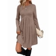 thumbnail image 1 of Long Sleeve Dress for Women Crew Neck Waist Tunic Dress with Pockets Khaki S, 1 of 4