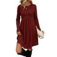 thumbnail image 1 of Long Sleeve Dress for Women Crew Neck Waist Tunic Dress with Pockets Wine Red M, 1 of 6