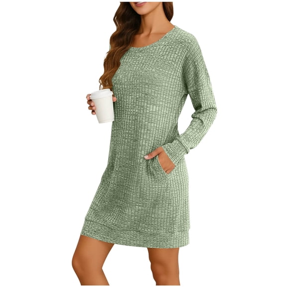 Long Sleeve Dress for Women Crewneck Knit Solid Color Casual Office Work Everyday Mini T shirt Dress with Pocket