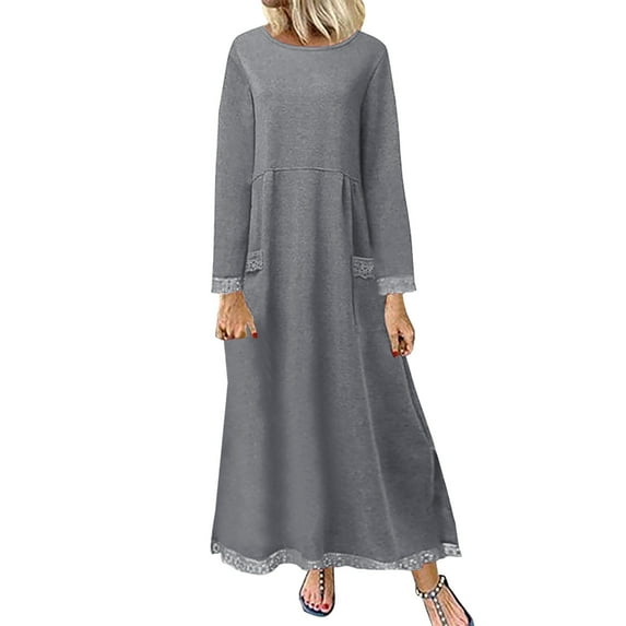 Long Sleeve Dress for Women Crewneck Solid Color Lace Trim Maxi Dresses Casual Loose Comfy Fall Dress with Pockets
