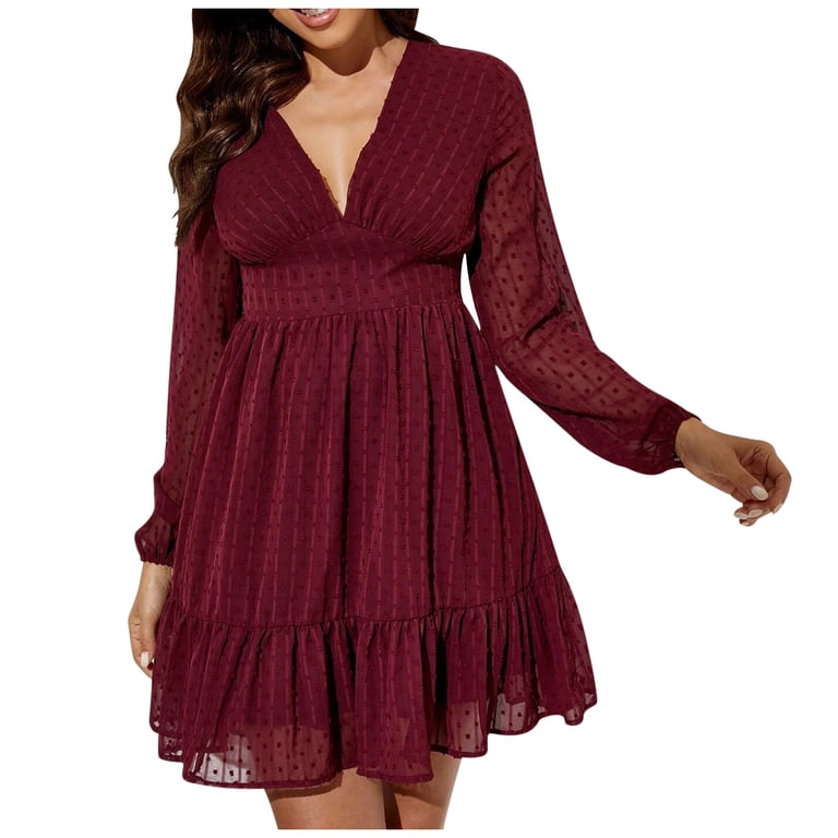 Long Sleeve Dress for Women Deep V Neck Ruffle Hem Solid Dress High Waisted  Summer Spring Casual Flares Flowy Mini Dress - Walmart.com