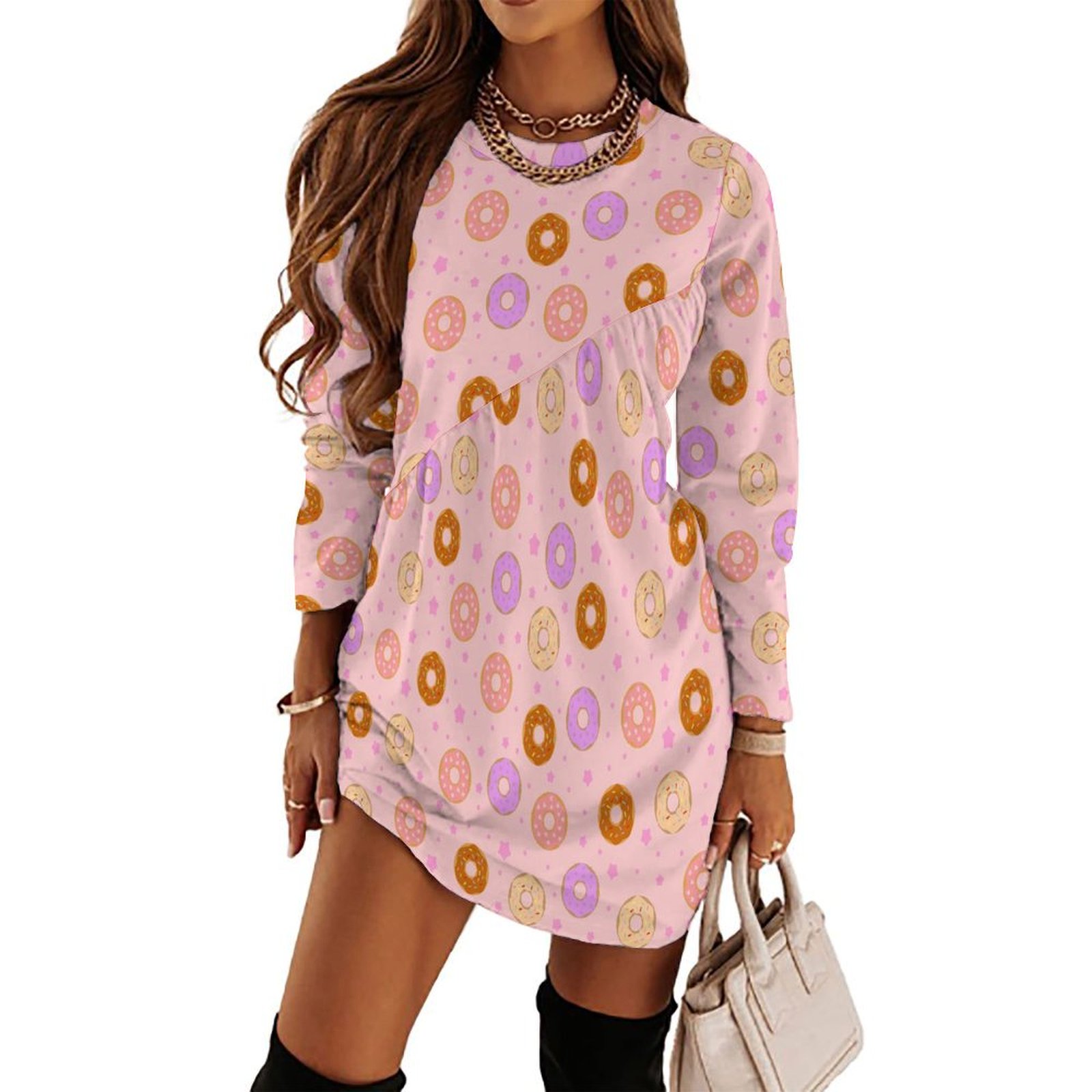 Long Sleeve Dress for Women - Donuts Crew Neck Oversized Long Sleeve Dress for Women - Donuts Crew Neck Oversized