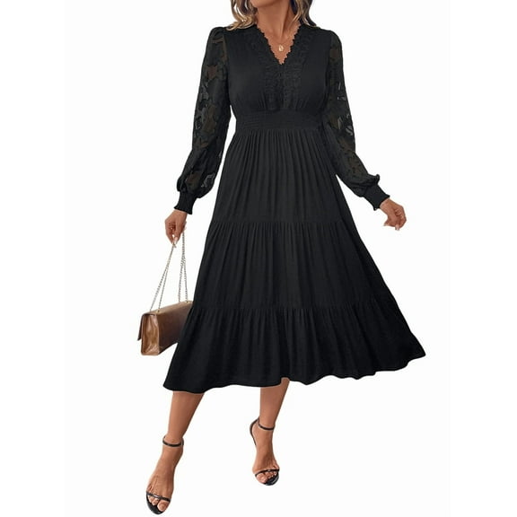 Long Sleeve Dress for Women Fall V Neck Aline Spring Elegant Modest Flowy Wedding Guest Maxi Dresses Black L