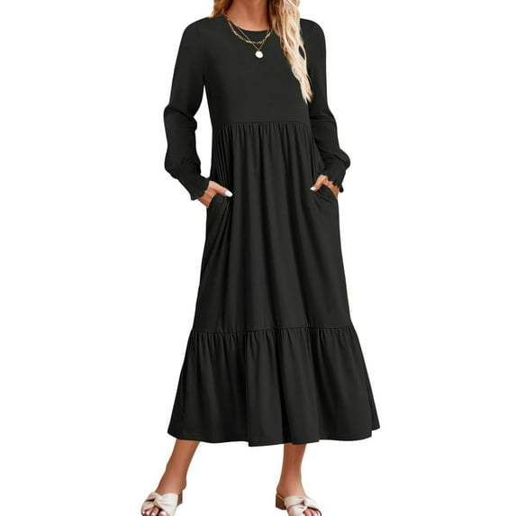 Long Sleeve Dress for Women Loose High Waist Boho Long Dress Swing Maxi Dress with Pockets Alsol Lamesa