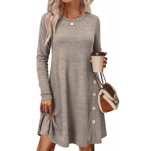 SOMER Dress for Women Winter Dresses Long Sleeve with Pockets Crew Neck Button Side Causal Formal