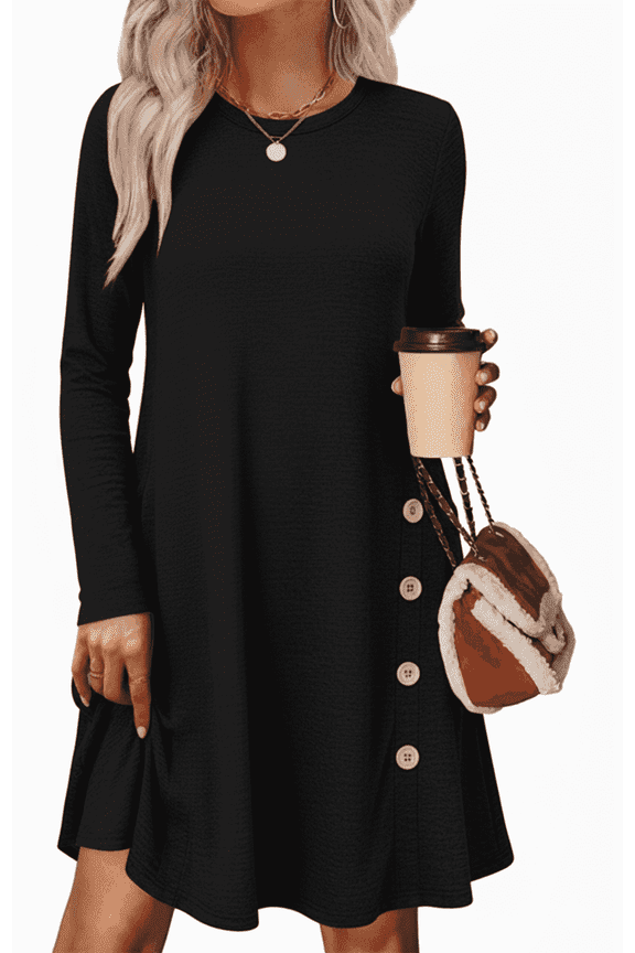 Dress for Women Winter Black Dresses Long Sleeve with Pockets Crew Neck Button Side Causal Formal