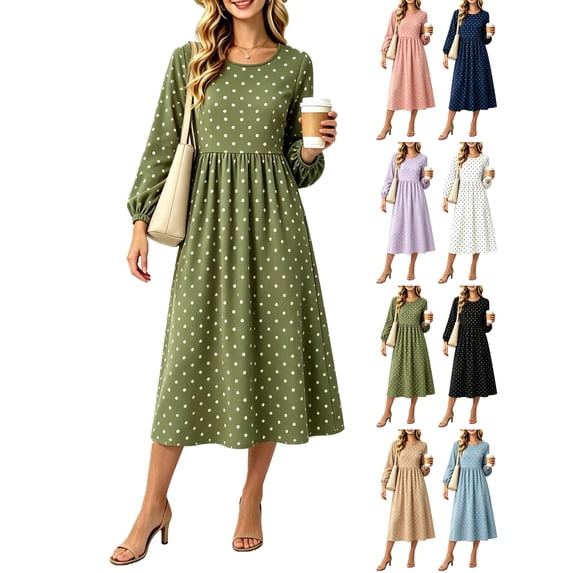 Long Sleeve Dress for Women Polka Dot Midi Dress - Round Neck A-Line Dress with Puff Sleeves for Fall & Spring