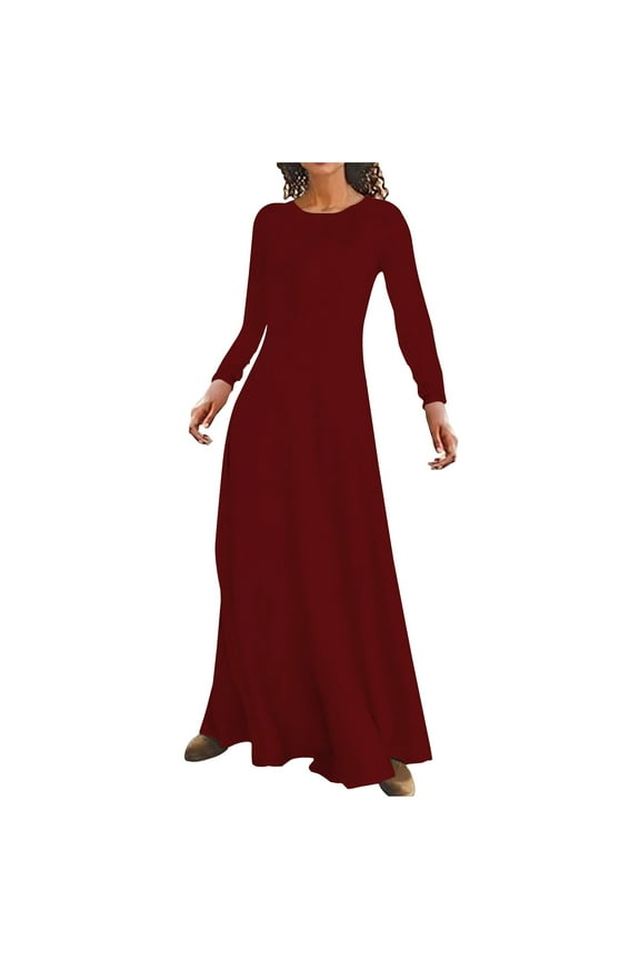 Long Sleeve Dress for Women Round Neck Solid Color Spring Fall Dresses Casual A Line Flowy Swing Maxi Dresses