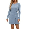 thumbnail image 1 of Long Sleeve Dress for Women Tunic Sweater Dresses with Pockets Fashion Buttons Side Blue XL, 1 of 9
