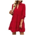 thumbnail image 1 of Long Sleeve Dress for Women V Neck Button Lapel Short Dress Solid Ruffle Tiered Babydoll Mini Dress Casual Fall Dress, 1 of 7