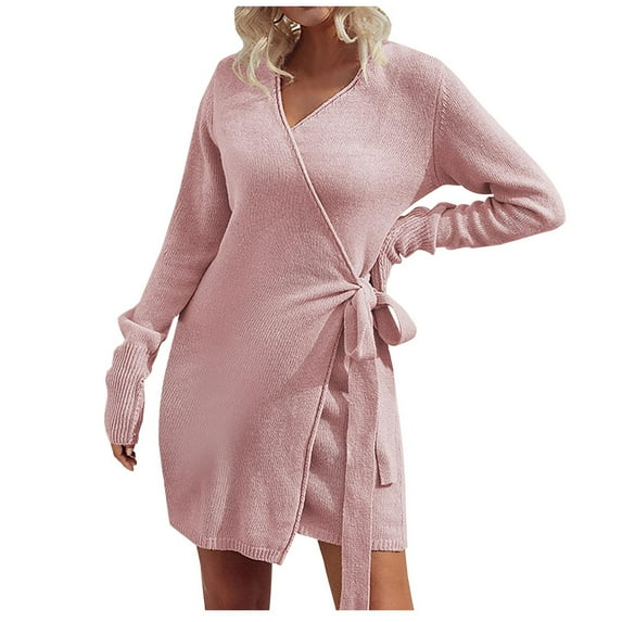 Long Sleeve Dress for Women Wrap V Neck Solid Color Knitted Short Mini Dress Tie Waist Slim Fitted Fall Sweater Dress