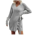 thumbnail image 1 of Long Sleeve Dress for Women Wrap V Neck Solid Color Knitted Short Mini Dress Tie Waist Slim Fitted Fall Sweater Dress, 1 of 6