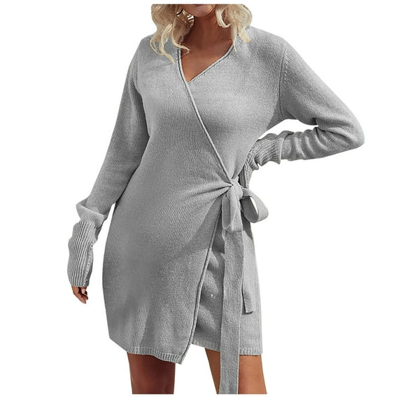 Long Sleeve Dress for Women Wrap V Neck Solid Color Knitted Short Mini Dress Tie Waist Slim Fitted Fall Sweater Dress