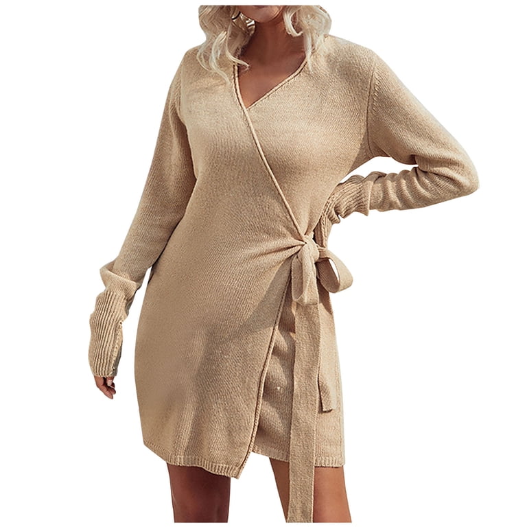 knit wrap dress mini Long Sleeve for Women V Neck Solid Color Knitted Short Dress Tie Waist Slim Fitted Fall Sweater Dress Long Sleeved Prom Dresses