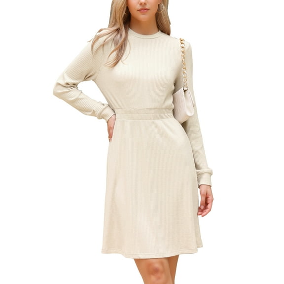 INSPIRE CHIC Long Sleeve Dress for Women's Casual 2025 Crew Neck Ribbed Knit Textured Sweater Dresses M Apricot