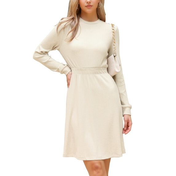 INSPIRE CHIC Long Sleeve Dress for Women's Casual 2025 Crew Neck Ribbed Knit Textured Sweater Dresses XS Apricot