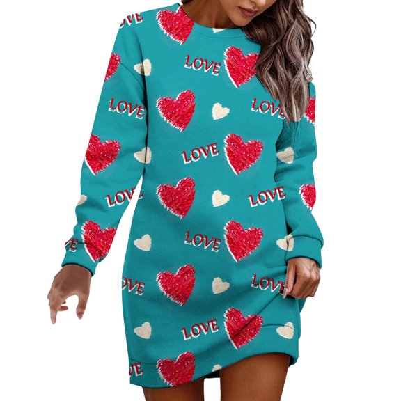 Long Sleeve Dresses for Women Casual Round Neck Dress with Valentine Heart Print Casual Comfortable Outfits Fashion Party Dresses for Women Sky Blue M