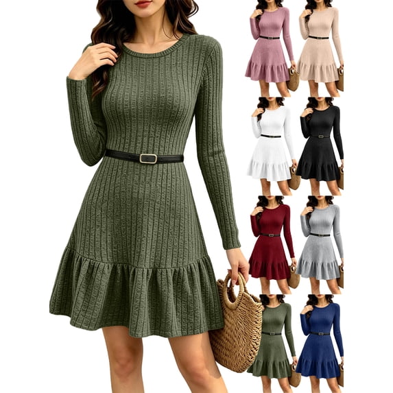 Long Sleeve Dresses for Women Long Sleeve Ribbed Knit Dress Elegant Ruffle Hem Mini Dress, Soft Stretchy Casual Fall Winter Holiday Party Wearing Dress (Without Belt)