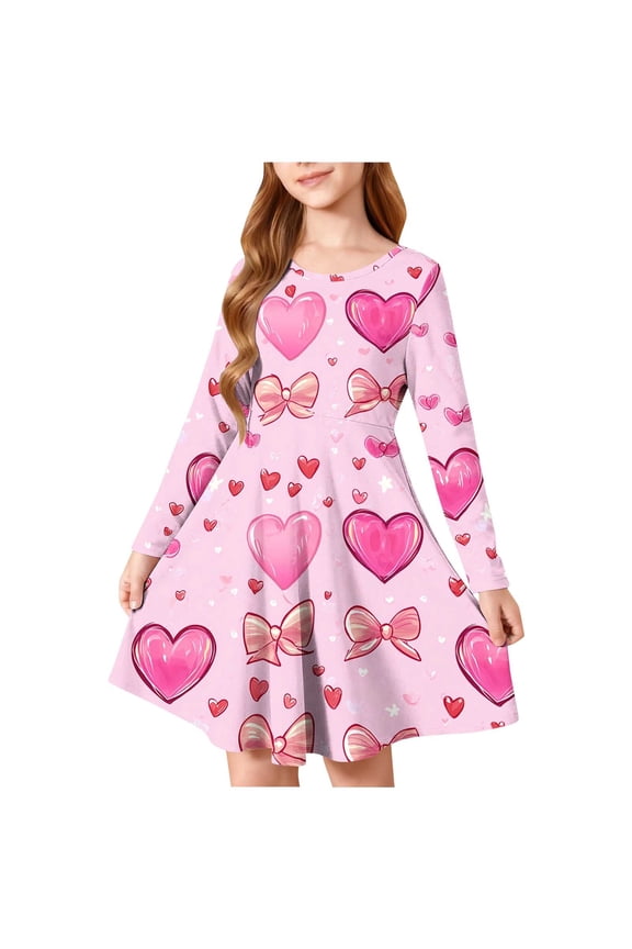 Long Sleeve Dresses for Girls Heart Printed Crewneck A Line Dresses Spring Cute Casual Dress Size 4-14