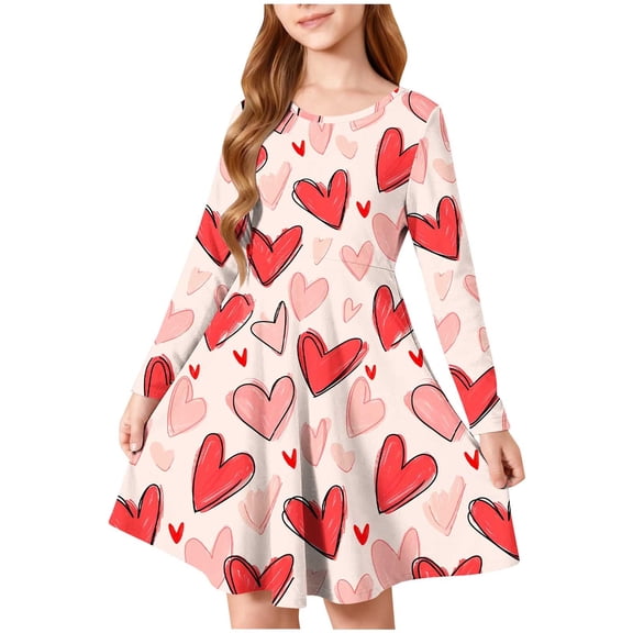 Long Sleeve Dresses for Girls Spring Crewneck Casual Dress Cute Heart Graphic Dress for Girl Size 4-14